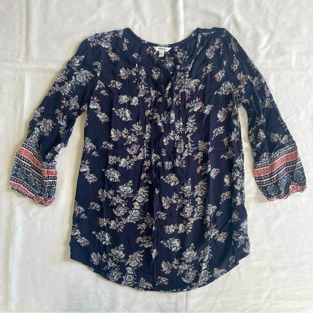 Sonoma Floral long-sleeved blouse with tassels Womens S boho bohemian spring